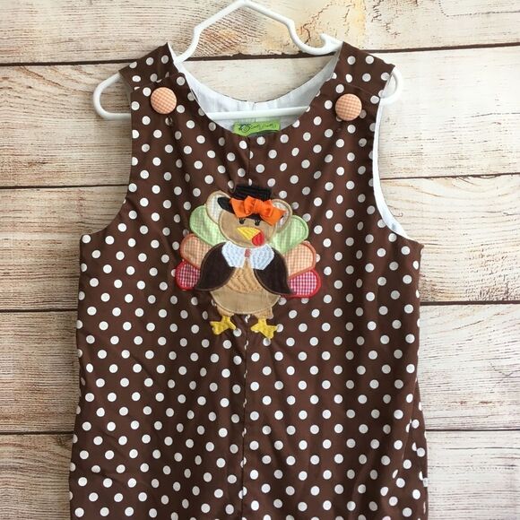 STELLYBELLY BROWN AND WHITE POLKA DOT ROMPER WITH APPLIQUED TURKEY - Picture 4 of 6